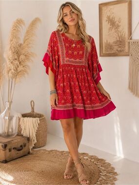 Boho Chic R. Vivimos Red Floral Mini Dress with Ruffle Hem